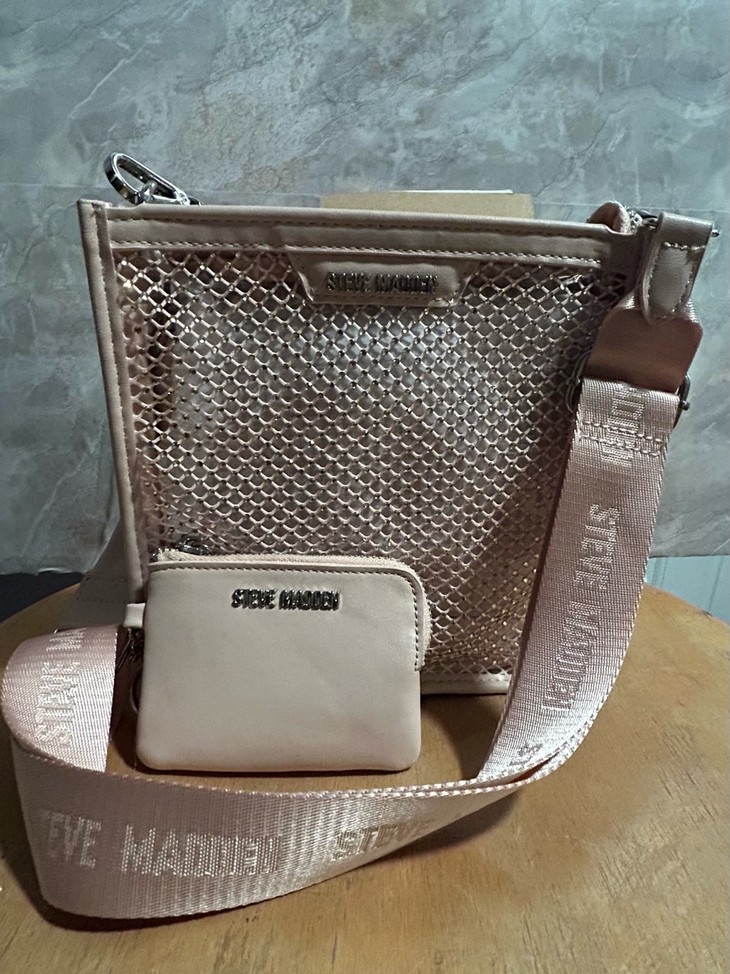 New W/ Tags Steve Madden Bmezza Pink Rhinestone Embellished Clear Mesh Bag